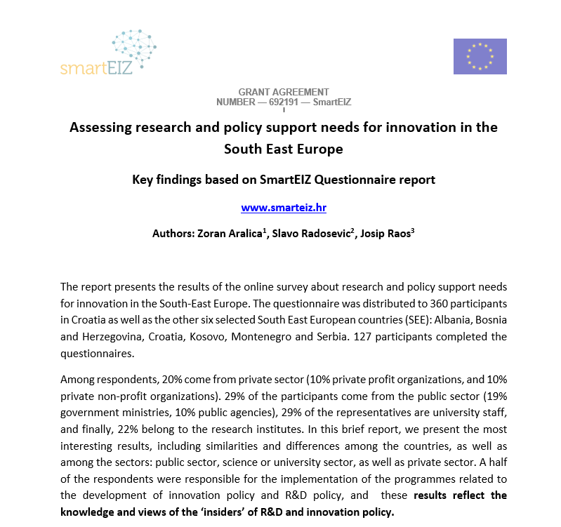 Assessing Research and Policy Support Needs for Innovation in the South East Europe – Key Findings Based on SmartEIZ Questionnaire Report