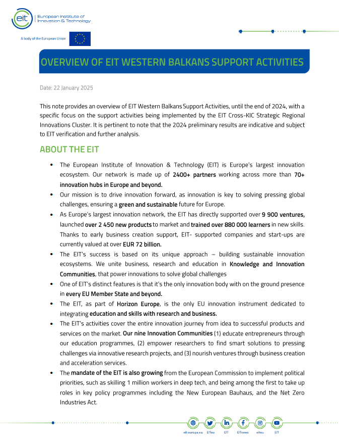 Overview of EIT Western Balkans Support Activities