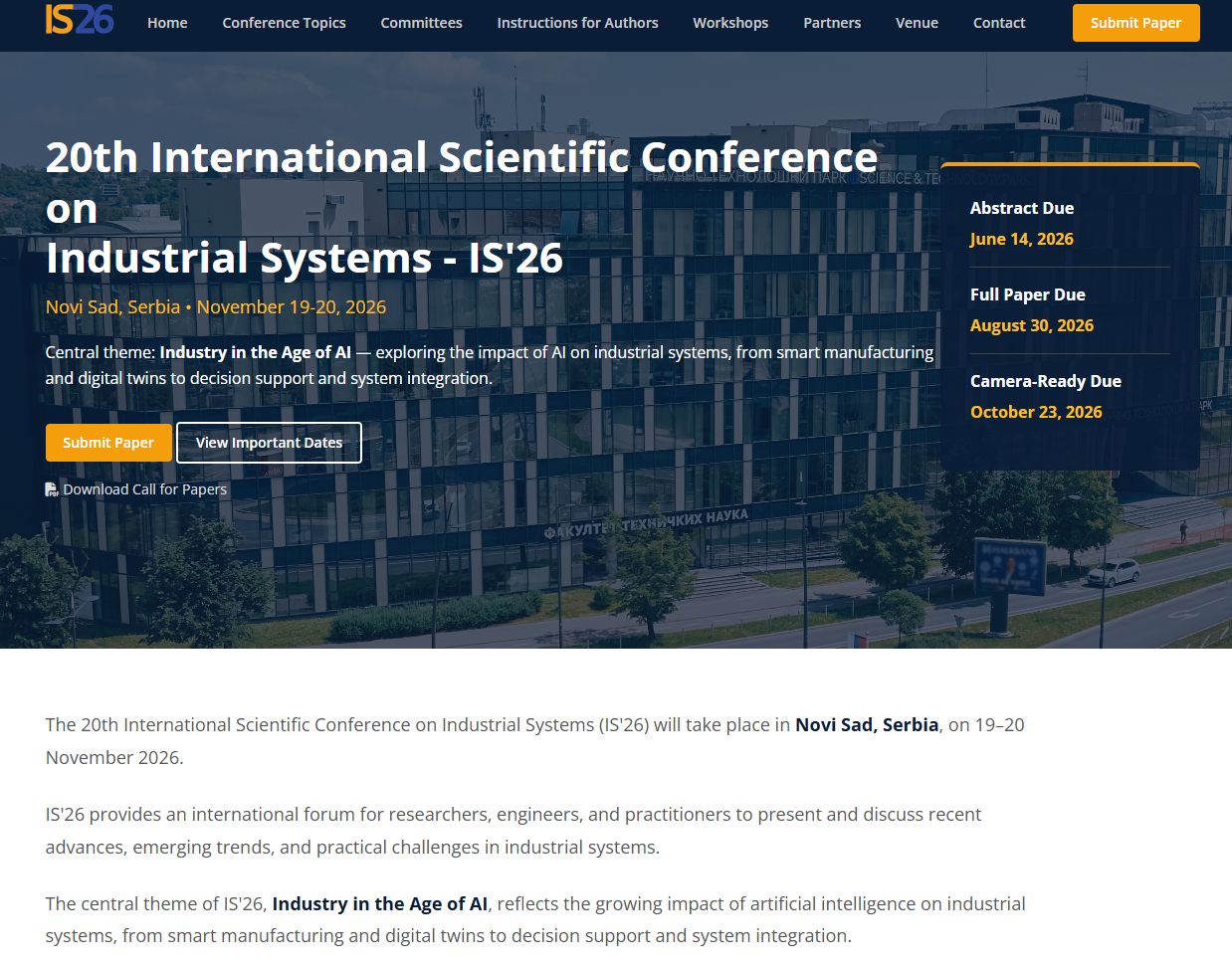 20th International Scientific Conference on Industrial Systems (IS’26)